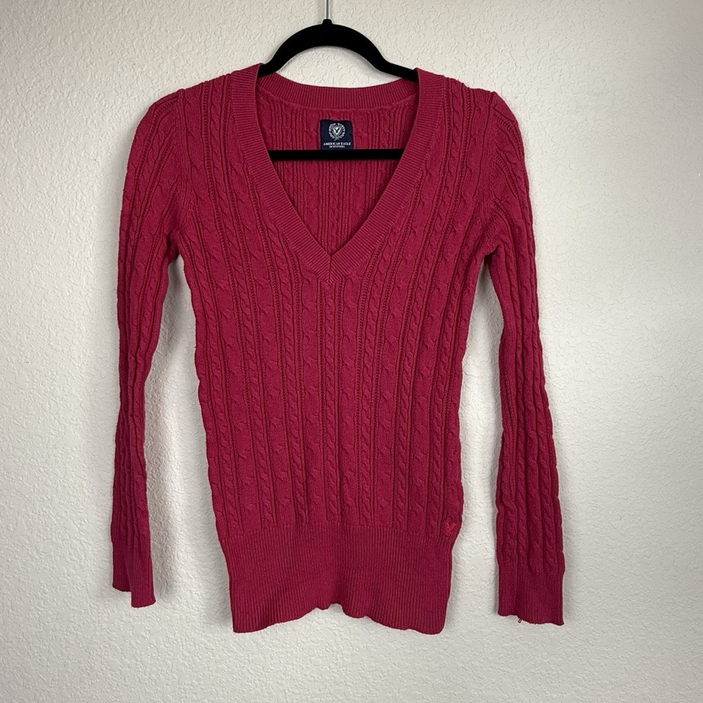 Y2K American Eagle V Neck Fitted Cable Knit Pink Sweater Preppy Bella Swan Sz‎ L